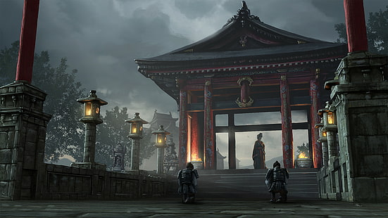 karya seni, kuil, seni fantasi, seni digital, prajurit, samurai, prajurit, ilustrasi, arsitektur Cina, Wallpaper HD HD wallpaper