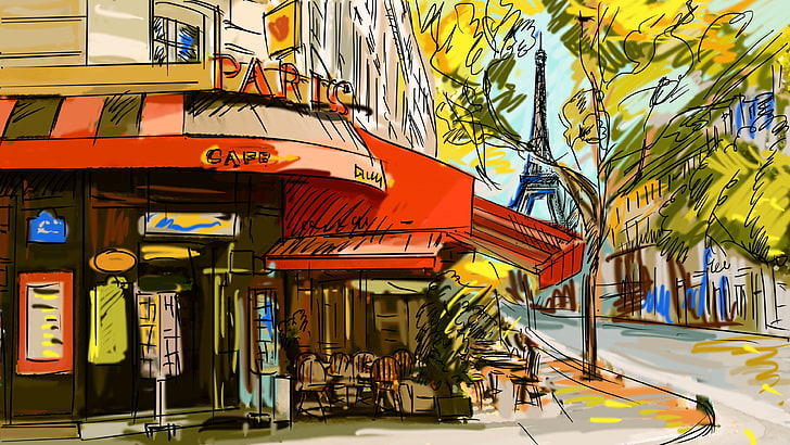 Tienda de arte rojo y beige, bocetos, cafés, París, Torre Eiffel, Fondo de pantalla HD