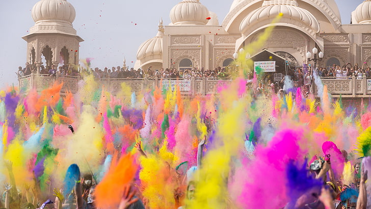grupp människor samlas under dagtid, Holi Festival of Colors, indisk semester, vår, liv, nymåne, Holika, färgat pulver, händelse, HD tapet