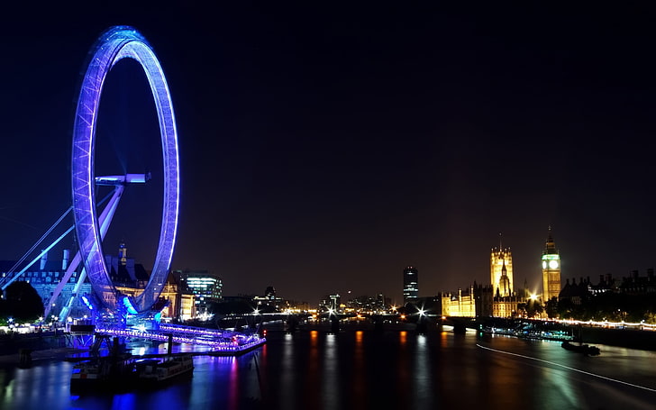 London Eye, London, night, the city, lights, river, Wallpaper, view, building, England, London, panorama, Ferris wheel, Thames, london eye, UK, capital, 2560x1600, great britain, HD wallpaper