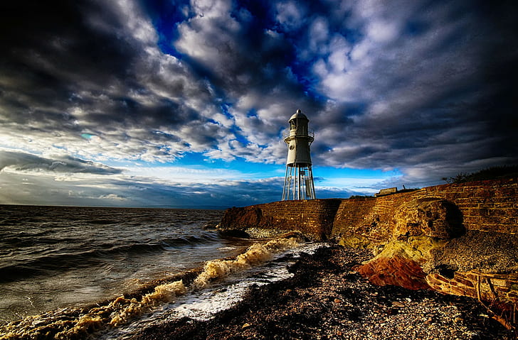 beach, lighthouse, England, sea, clouds, wall, coast, nature, landscape, HD wallpaper