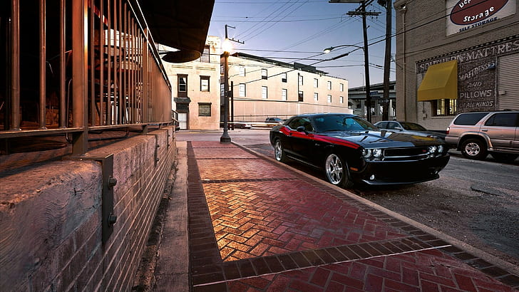 Dodge Challenger Street HD, coupé classico nero, auto, strada, schivare, sfidante, Sfondo HD
