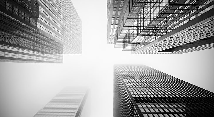 Toronto Skyscrapers Black and White, grey concrete building, Black and White, Architecture, Wide, Skyscrapers, Toronto, Downtown, 14mm, HD wallpaper