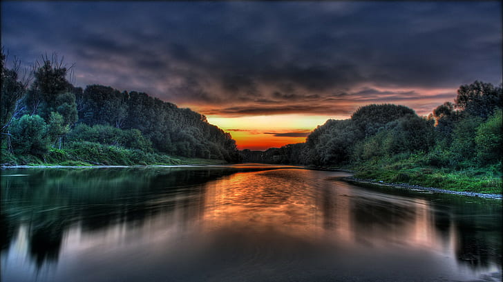donau,germany, sunset, HDR, river, sunlight, sky, clouds, HD wallpaper