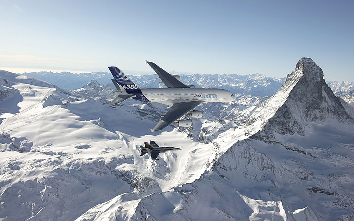 Airbus, A380, FA-18 Hornet, Matterhorn, Wallpaper HD