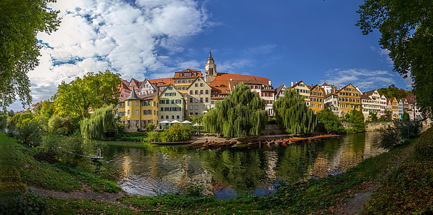 río, edificio, Alemania, panorama, paseo marítimo, Baden-Württemberg, Tübingen, río Neckar, el río Neckar, Fondo de pantalla HD HD wallpaper