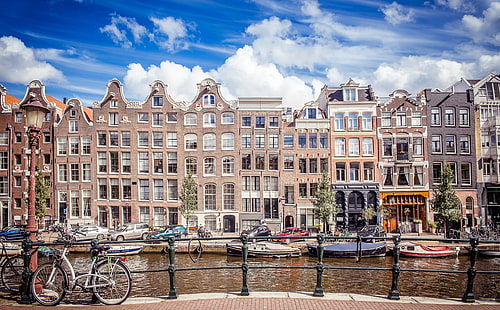 Холандия, Амстердам Сити Архитектура, Европа, Холандия, Пътуване, Лято, Лодки, Сгради, Архитектура, Холандия, Автомобили, Градски, Къщи, велосипед, Амстердам, Тур, Канали, посещение, HD тапет HD wallpaper