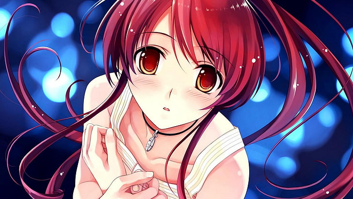 anime, gadis anime, rambut panjang, berambut merah, mata merah, kalung, memerah, Wallpaper HD
