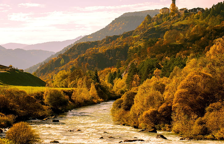 autunno, alberi, montagne, fiume, Alpi, Italia, Banca, Val di Fiemme, Sfondo HD