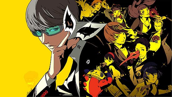 Persona 4, serie Persona, protagonista, Chie Satonaka, Amagi Yukiko, Hanamura Yosuke, occhiali, Kuma Persona 4, Sfondo HD HD wallpaper