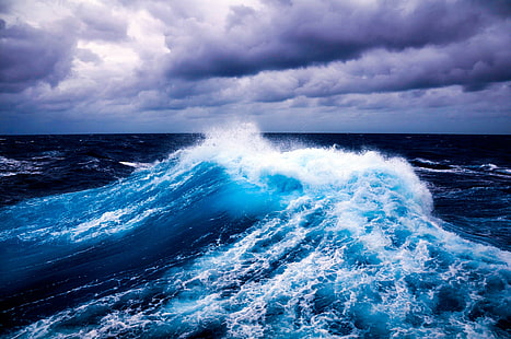 вода, вълни, море, хоризонт, пръски, циан, синьо, виолетово, облаци, HD тапет HD wallpaper