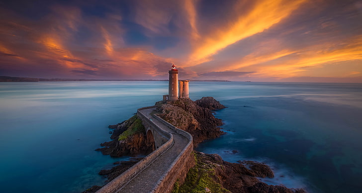lighthouse illustration, sea, clouds, France, lighthouse, tower, glow, Brittany, Phare du Petit Minou, HD wallpaper