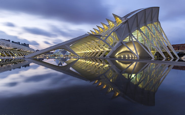 architecture, The Principe Felipe Museum, long exposure, Spain, reflection, shadow, clouds, valencia, sunset, HD wallpaper