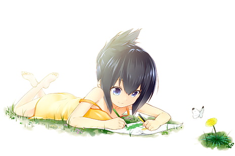 anime girls, lying on front, drawing, loli, HD wallpaper HD wallpaper