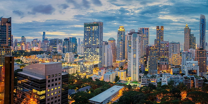 المدن ، بانكوك ، المبنى ، المدينة ، الليل ، ناطحة سحاب ، تايلاند، خلفية HD