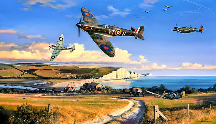 Pertempuran Inggris, jalan tanah, mobil, Perang Dunia II, Spitfire Mk.I, Tebing putih Dover, 65 Skuadron, Wallpaper HD