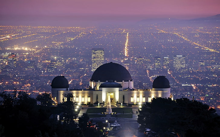 blue and white dome structure, griffith observatory, los angeles, california, evening, city lights, HD wallpaper