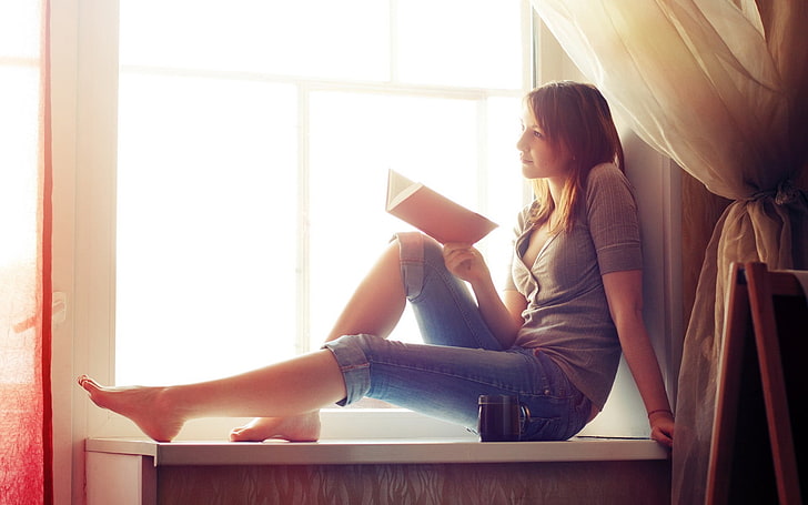woman in the window while reading book, women, books, feet, HD wallpaper