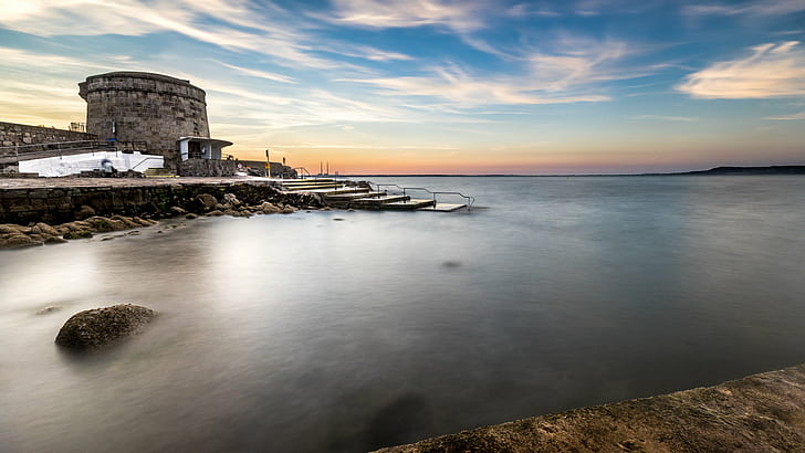 photo of body of water ], blackrock, ireland, blackrock, ireland, Martello Tower, Blackrock, Ireland, Landscape photography, body of water, a7, clouds, dublin, europe, full frame, geotagged, landscape, long exposure, martello, motion, orange, photo, photography, rocks, sea, seascape, sky, sony a7, fe, sunset  tower, travel, ultra, IE, architecture, sunset, famous Place, fort, tower, castle, dusk, HD wallpaper