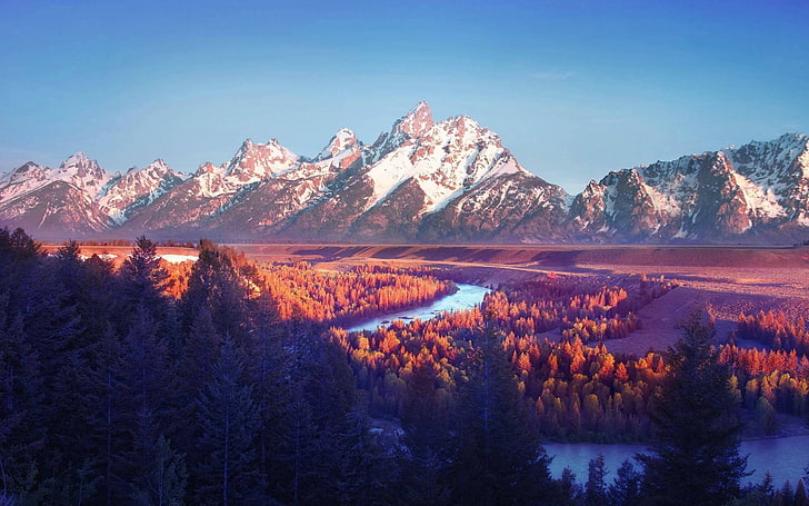 montañas cubiertas de nieve, fotografía, paisaje, naturaleza, agua, río, otoño, montañas, árboles, Fondo de pantalla HD