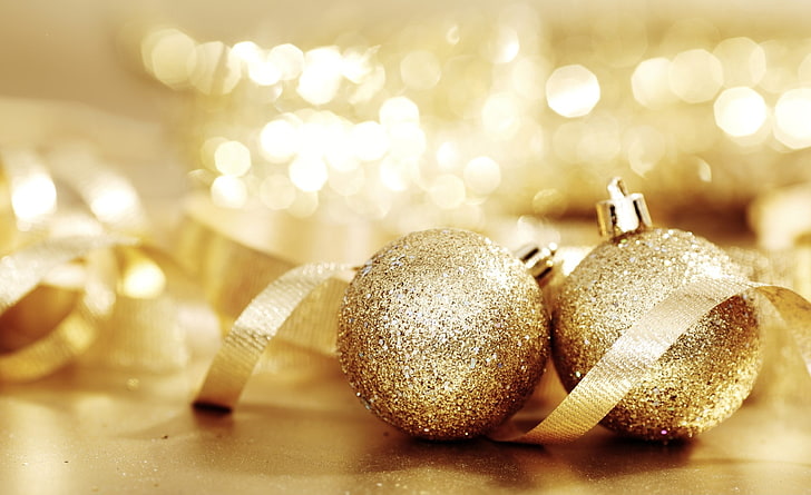 Bombki choinkowe, dwie złote bombki, Święta, Boże Narodzenie, Złote, Bombki, bombki, ozdoby świąteczne, Tapety HD