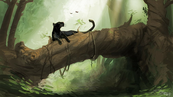 Panther Jungle Drawing HD, ดิจิตอล / อาร์ตเวิร์ค, การวาดภาพ, ป่า, เสือดำ, วอลล์เปเปอร์ HD HD wallpaper