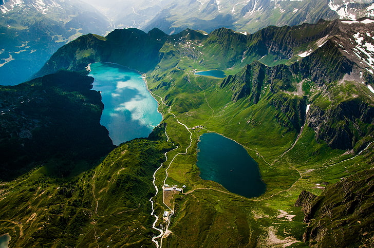 lukisan ikan hijau dan biru, pemandangan, alam, gunung, jalur gunung, air, danau, 500px, Alpen, Wallpaper HD