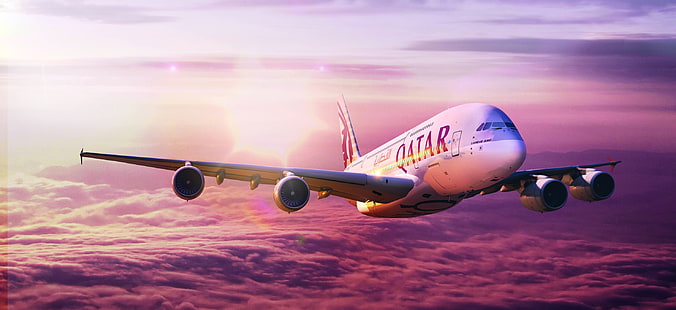 Небо, Полет, A380, Самолет, Аэробус, Катар, Qatar Airways, A-380, Авиакомпания, 380, HD обои HD wallpaper