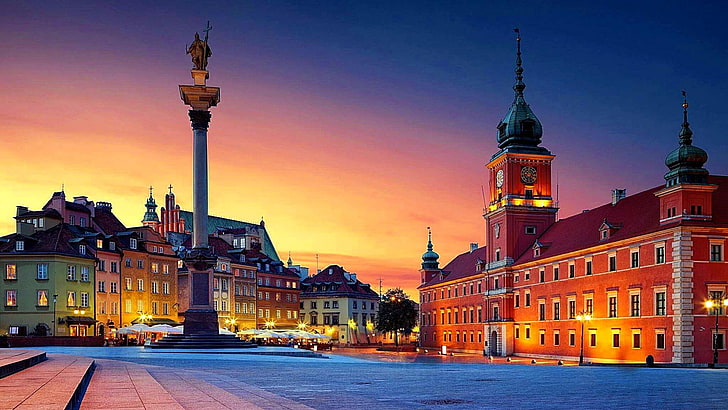 ワルシャワ、ポーランド、旧市街、夜景、都市景観、ヨーロッパ、夜、城広場、通り、シーン、首都、ビュー、パノラマ、夕暮れ、 HDデスクトップの壁紙