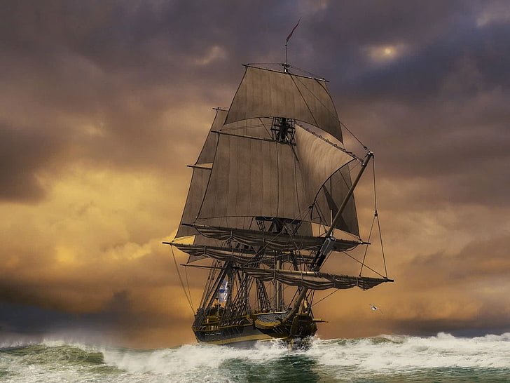 茶色のガレオン船、海、嵐、船、帆、天気、 HDデスクトップの壁紙
