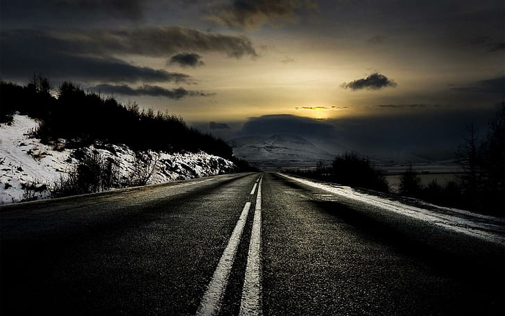 어두운 겨울 도로, 거리, 달, 도로, 어둠, 3D 및 초록, HD 배경 화면