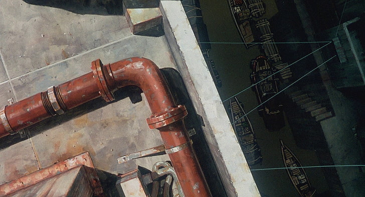 rotes Rohr auf Dach des grauen konkreten Gebäudes, Anime, industriell, Geist in der Muschel, Kanal, HD-Hintergrundbild