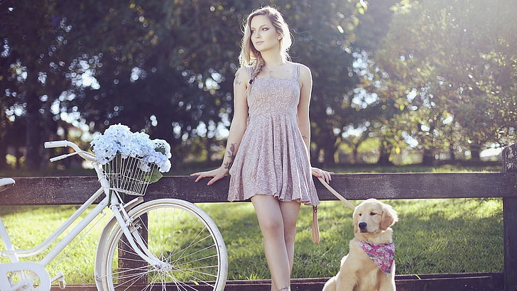 women's pink spaghetti strap floral dress, blonde, tattoo, skirt, dog, bicycle, flowers, model, women, women with bicycles, dress, looking away, HD wallpaper