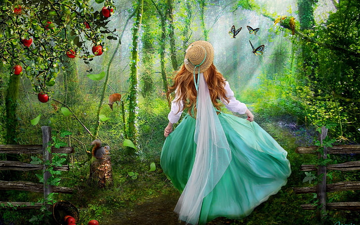 animals, artistic, butterflies, children, cute, digital art, emotions, fantasy, forest, girls, gowns, happy, magical, manipulations, mood, photography, soft, trees, HD wallpaper