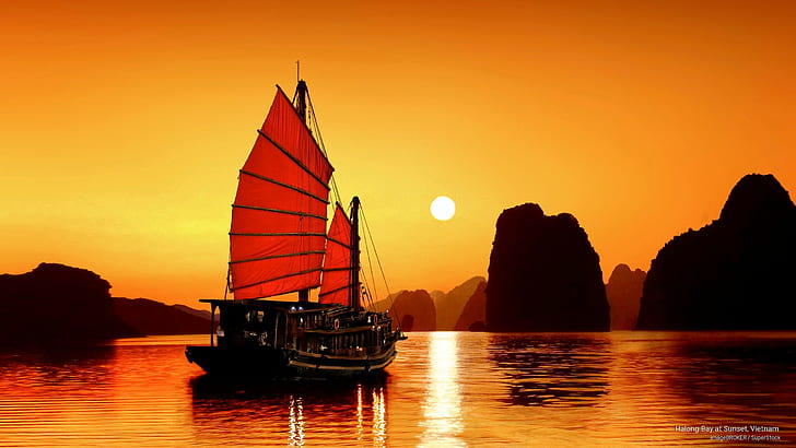 Залив Халонг при залез слънце, Виетнам, Азия, HD тапет