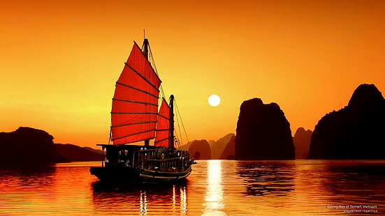 Залив Халонг при залез слънце, Виетнам, Азия, HD тапет HD wallpaper