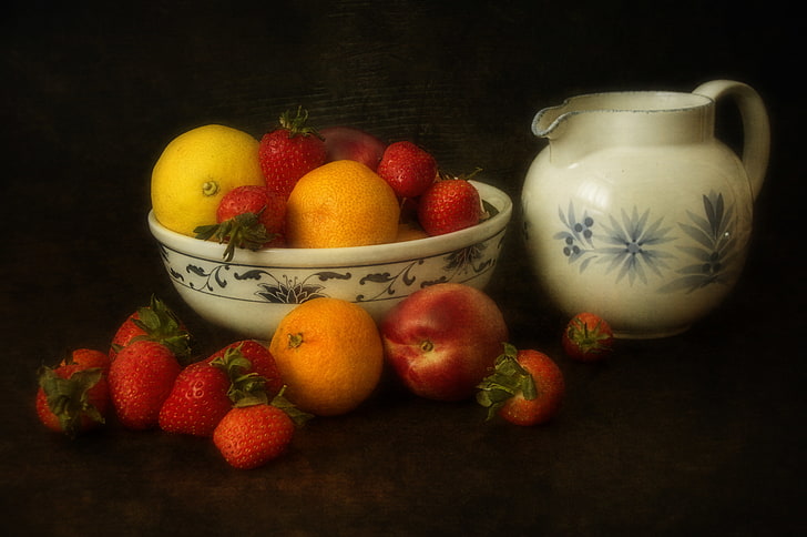 background, lemon, strawberry, berry, vase, pitcher, fruit, peach, tangerines, HD wallpaper