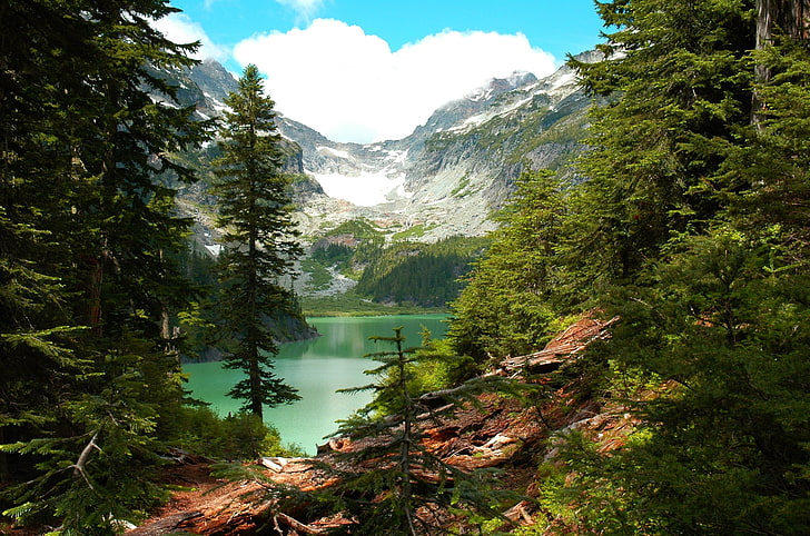 езеро между зелена планина, езеро, гора, планини, щат Вашингтон, дървета, скала, вода, облаци, зелено, природа, пейзаж, HD тапет