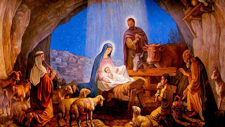сцена на Рождество Христово, Иисус Христос, Коледа, празник, HD тапет