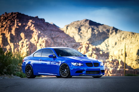 BMW M3 E92 Blue HD, blue bmw coupe, mountains, daylight, blue, bmw, E92, M3, HD wallpaper HD wallpaper