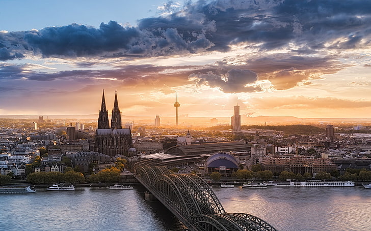 Ponte Hohenzollern, paisagem, natureza, paisagem urbana, Colônia, Alemanha, pôr do sol, rio, igreja, ponte, céu, nuvens, arquitetura, urbana, Catedral de Colônia, HD papel de parede