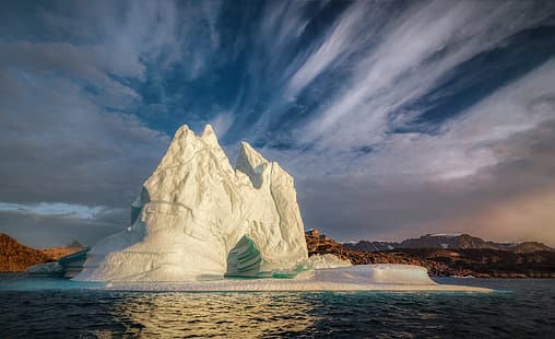 海、雲、氷山、浮氷、フィヨルド、グリーンランド、スコアズビーサウンド、スコアズビーベイ、 HDデスクトップの壁紙 HD wallpaper
