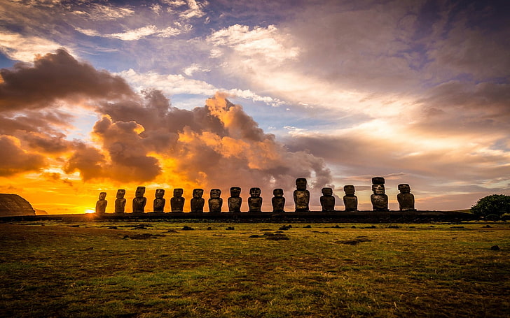 пейзаж, природа, Rapa Nui, остров, облаци, Чили, Moai, статуя, енигма, трева, HD тапет