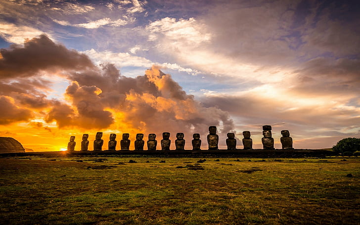 Krajobraz, Natura, Wschód słońca, Rapa Nui, Wyspa, Chmury, Chile, Moai, Statua, Enigma, Trawa, kamienne głowy, krajobraz, natura, wschód słońca, rapa nui, wyspa, chmury, chile, moai, statua, enigma, Tapety HD