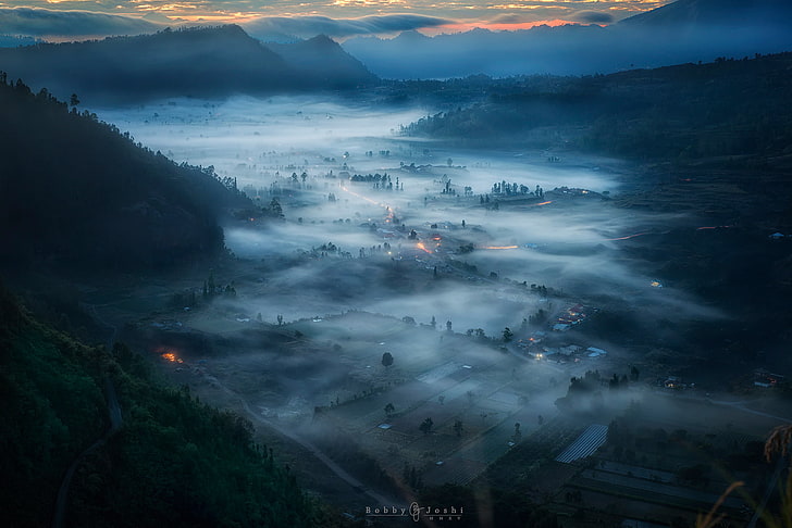 aerial shot of mountains,, mountains, fog, morning, valley, Indonesia, the island of Bali, HD wallpaper