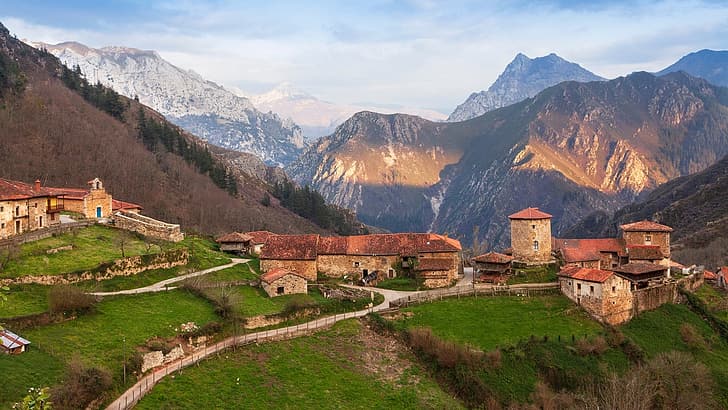 Asturias, Spain, village, landscape, mountains, rural, HD wallpaper