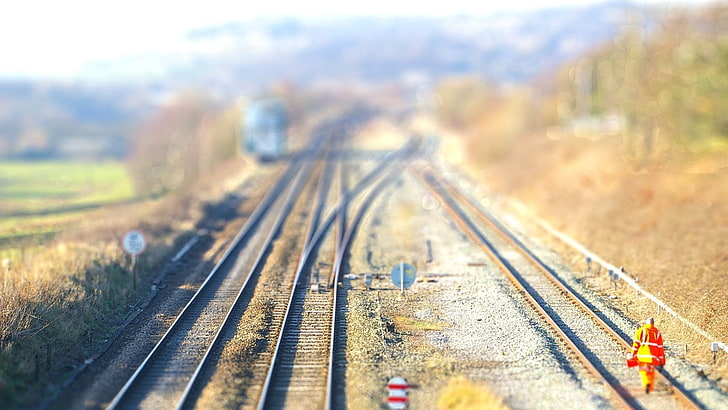 коричневая железная дорога, без названия, железная дорога, размытое изображение, сдвиг наклона, HD обои