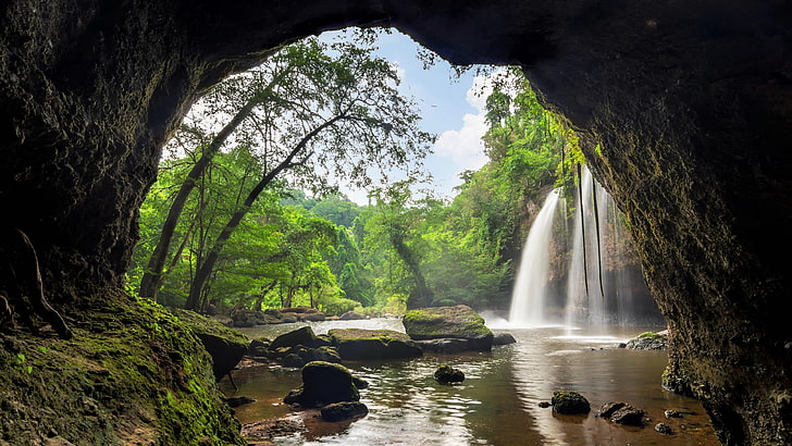 grotta, vattenfall, haew su wat vattenfall, khao yai nationalpark, nationalpark, unesco världsarv, världsarv, thailand, unesco världsarv, HD tapet