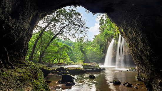 洞窟、滝、ヘウ・ス・ワットの滝、カオヤイ国立公園、国立公園、ユネスコ世界遺産、世界遺産、タイ、ユネスコ世界遺産、 HDデスクトップの壁紙 HD wallpaper