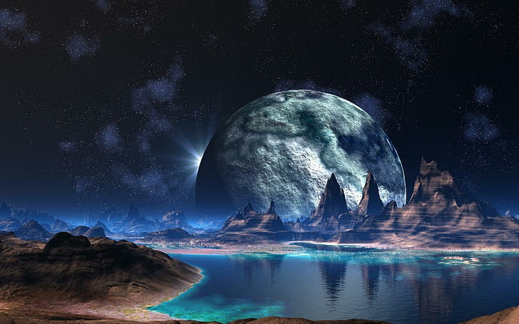 Moon over the mountains, backgrounds, desktop, lake, moon, scifi, planets, giant, HD wallpaper